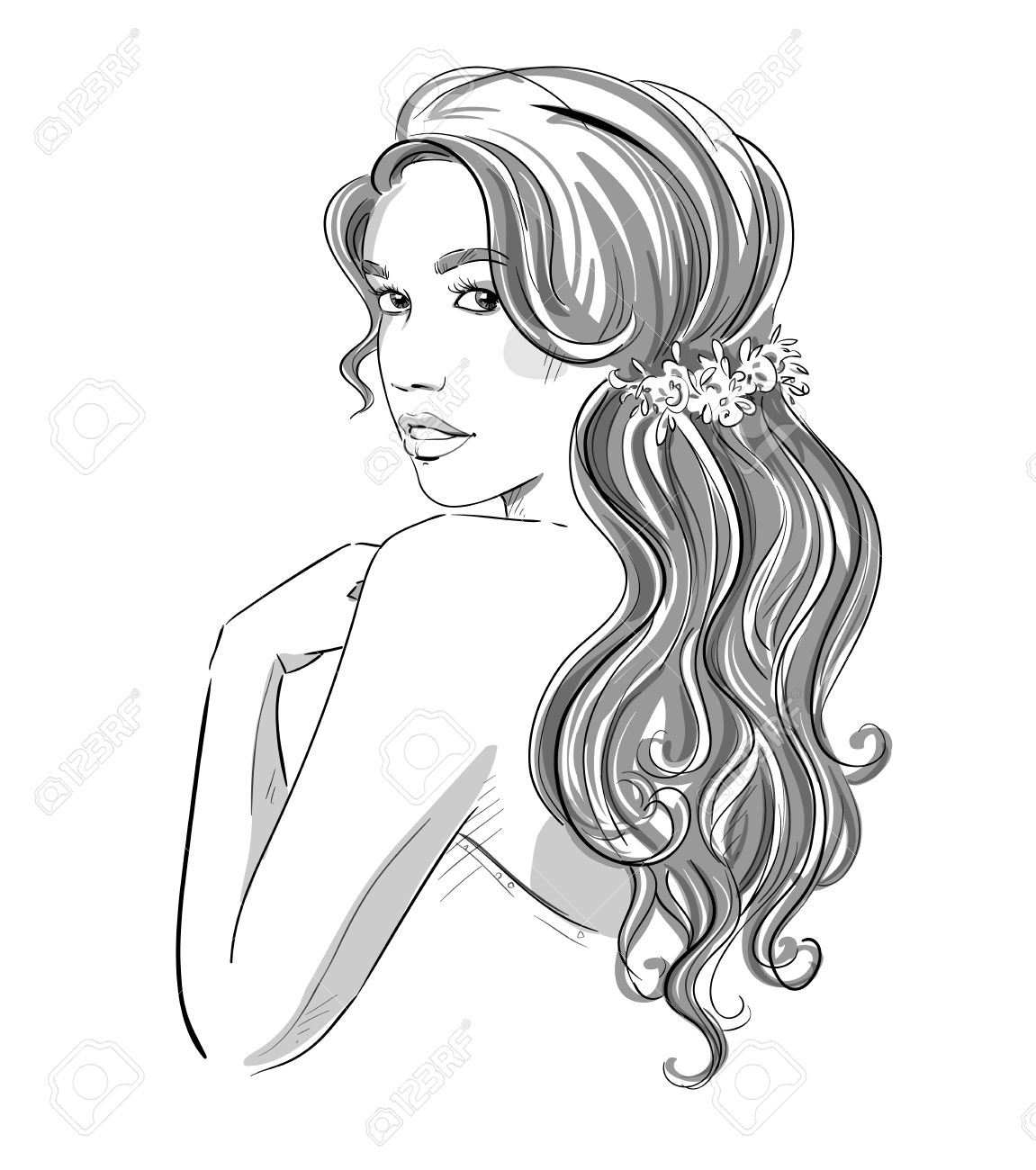 1151x1300 Sketch Of A Beautiful Girl With Bridal Hairstyle. Black And White