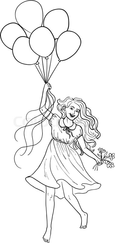 381x800 Hand Drawn Sketch Of Happy Girl And Balloons Stock Vector