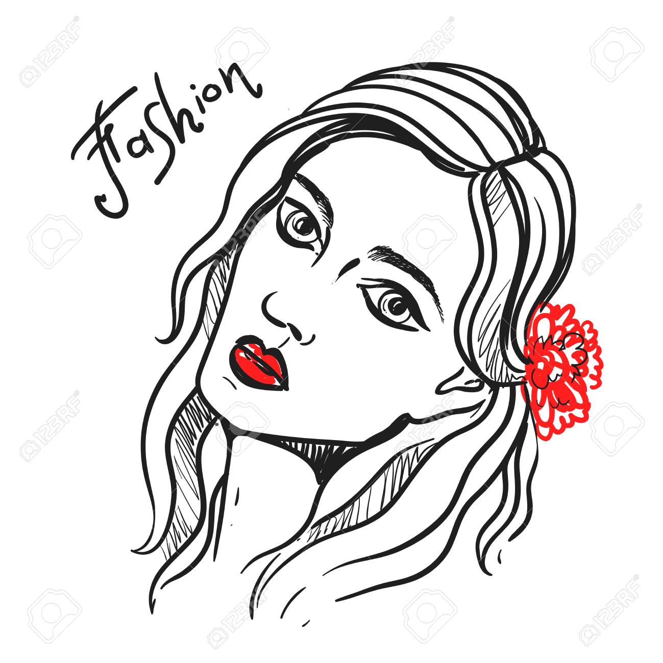 1299x1300 Beautiful Hand Drawn Sketch Vector Fashion Portrait Of Girl