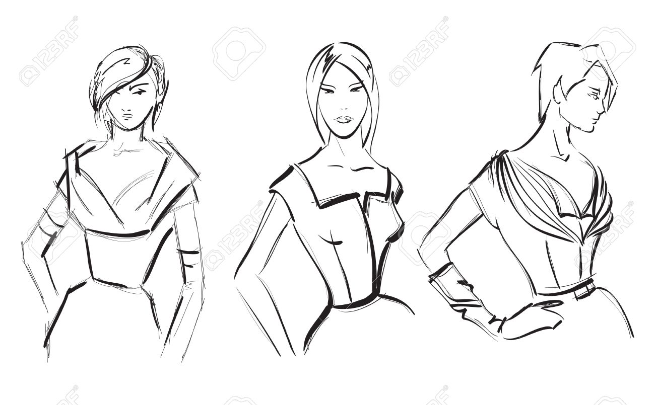1300x805 Sketch. Fashion Girl. Hand Drawn Fashion Model Royalty Free