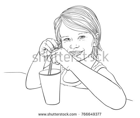 450x380 Sketch Of Pretty Little Girl Holding Straw In Glass With Beverage