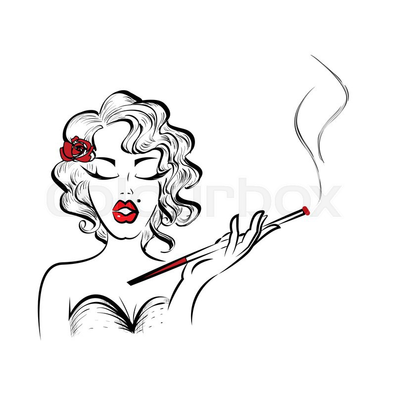 800x800 Beautiful Pin Up Girl Smoking Cigarette. Hand Drawn Vector