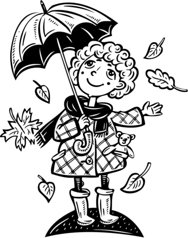 379x480 Girl Holding An Umbrella With Leaves Falling Coloring Page Free
