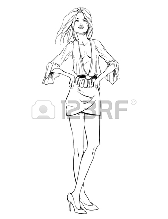 344x450 Fashion Sketch Of Elegant Girl In Summer Dress. Isolated Drawing