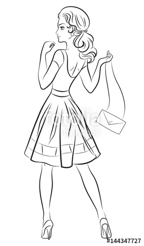 293x500 Sketch Of Fashionable Girl In Beautiful Dress And With Bag In Hand