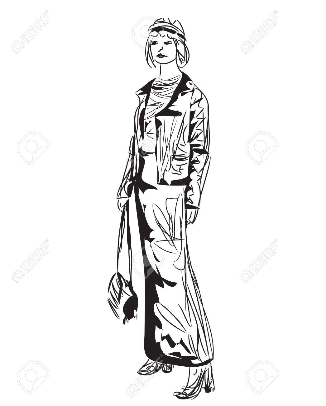 1046x1300 Fashion Model Sketch. Cartoon Girl. Woman In The Dress Royalty