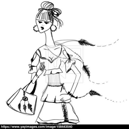 512x512 Sketch Of Girl In Gypsy Dress. Boho Style. Linear Pattern On