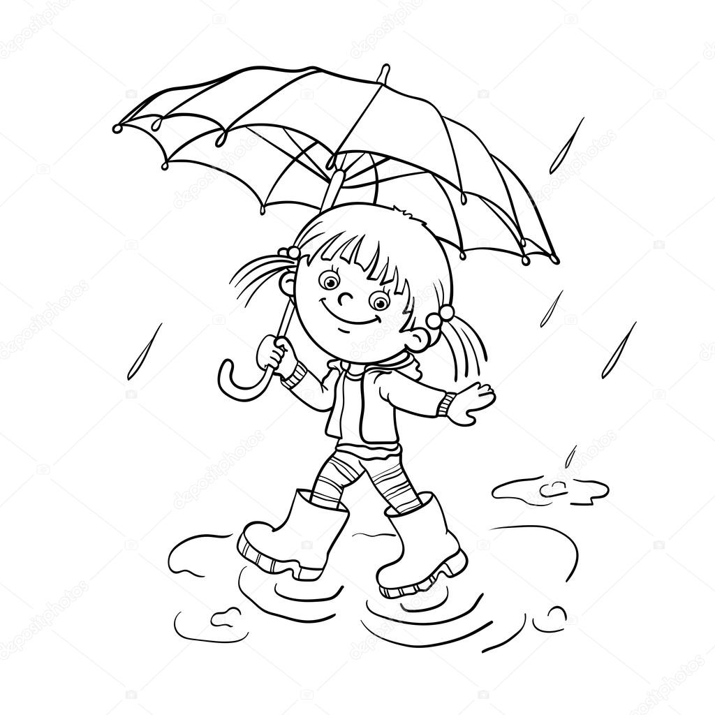 1024x1024 Coloring Page Outline Of A Girl Walking In The Rain Stock Vector