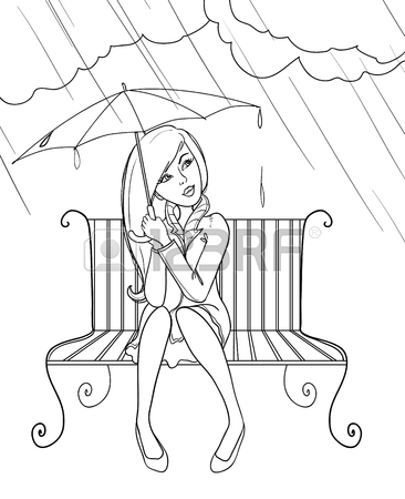 366x450 Girl With Umbrella Sitting On The Bench At Rain, Outline Isolated