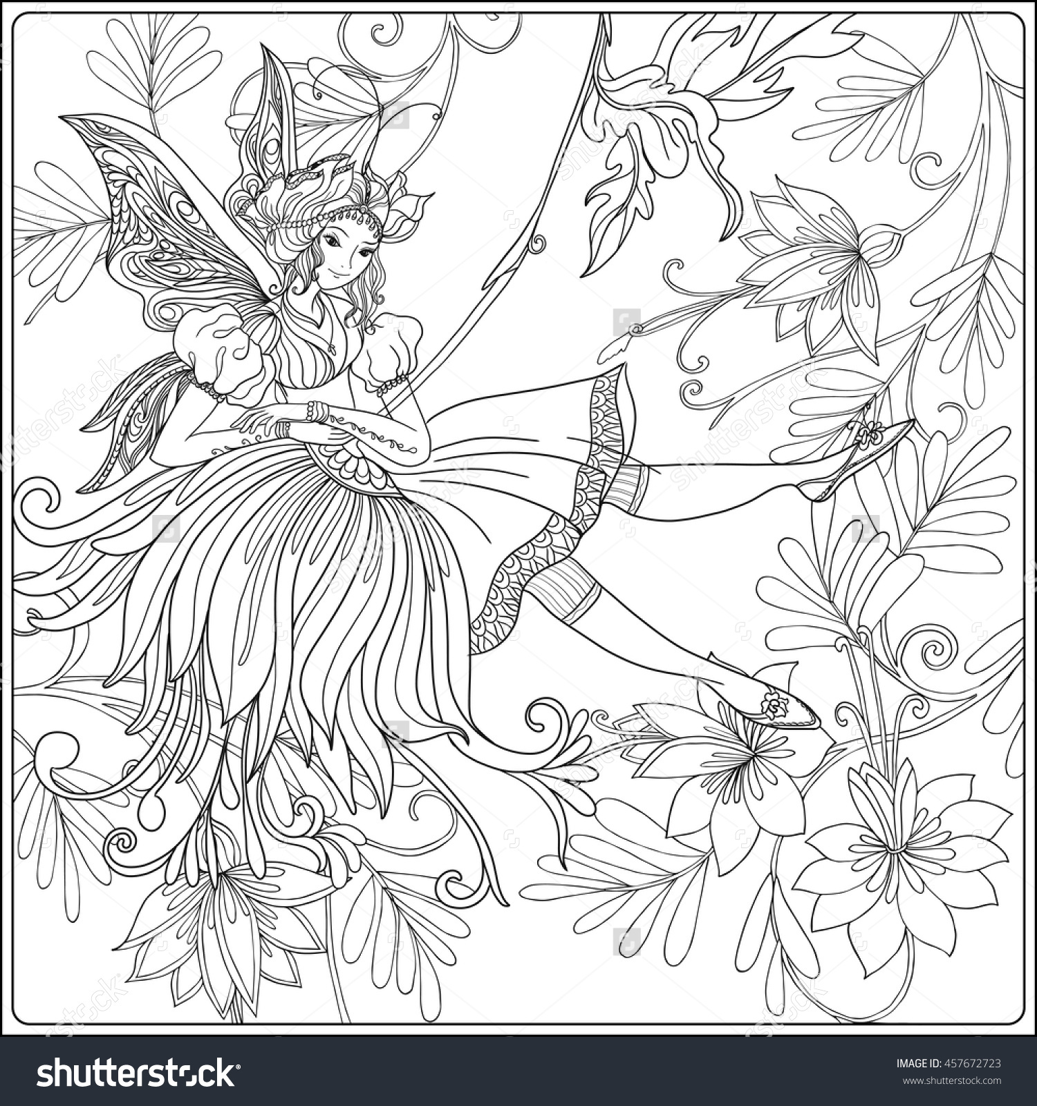 1500x1600 Fairy With Butterfly Wings On Swing On Medieval Floral Pattern