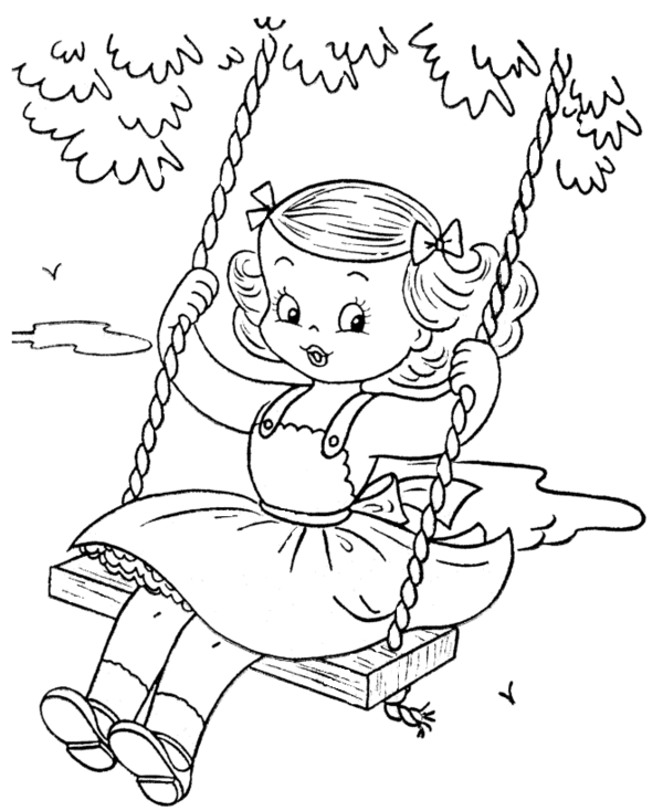 600x734 Little Girl Playing Swing Summer Coloring Pages Pyrography