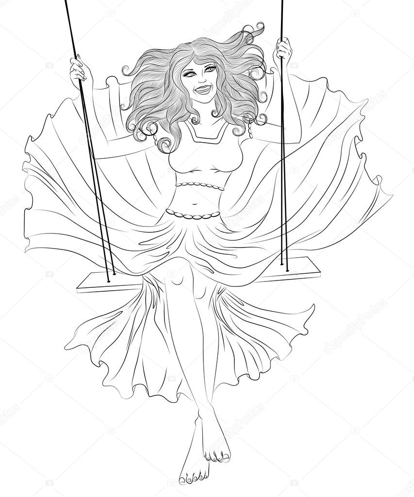 853x1024 The Girl In A Flowing Dress On A Swing Outline Stock Vector