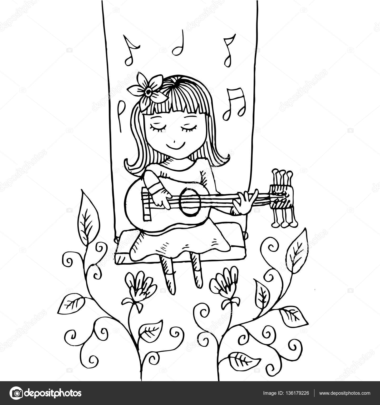 1597x1700 Cartoon Girl Smiling On Swing, With Guitar. Hand Drawing