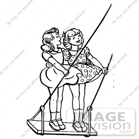 450x450 Clipart Of Retro Girls Standing On A Swing In Black And White