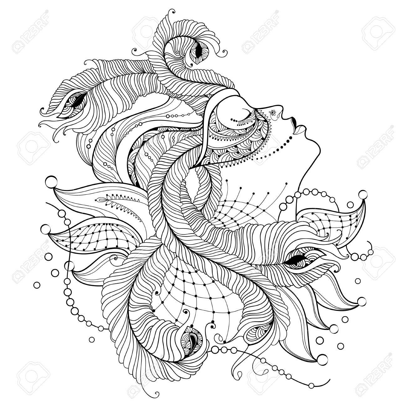 1300x1300 Profile Girl Face In Carnival Mask With Outline Peacock Feathers