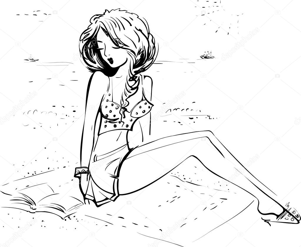 1023x838 Girl On The Beach Reading Book Stock Vector Werij@mail.ru