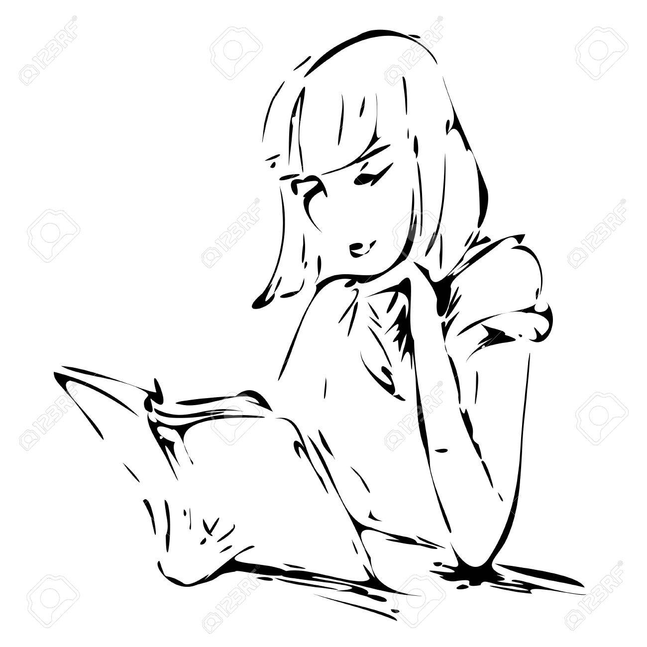 1300x1300 Graphic Drawing Of A Girl Reading A Book Illustration. Royalty