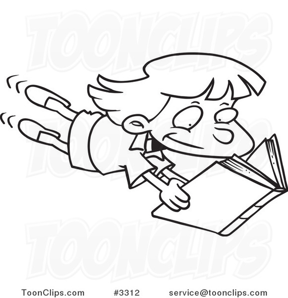 581x600 Cartoon Black And White Line Drawing Of An Enthralled Girl Reading