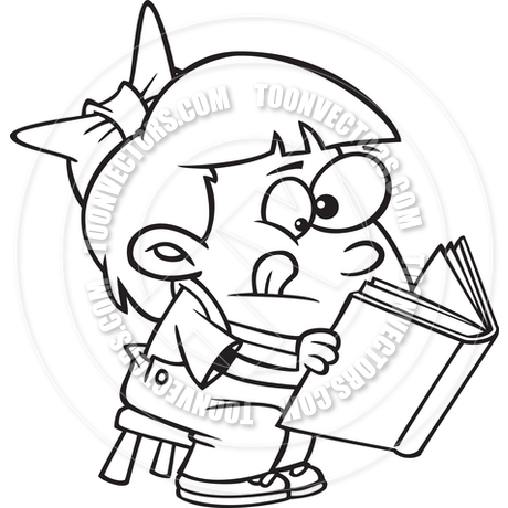460x460 Cartoon Girl Reading A Book (Black And White Line Art) By Ron