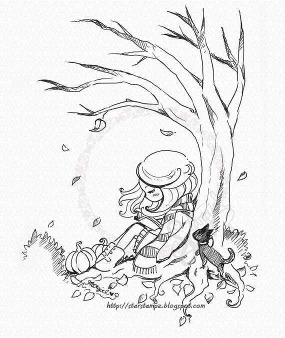 570x676 Autumn Fall Girl Reading Digital Stamp Instant Download