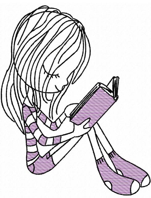 489x640 Swirly Girl Reading 6 Sketch Embroidery Design