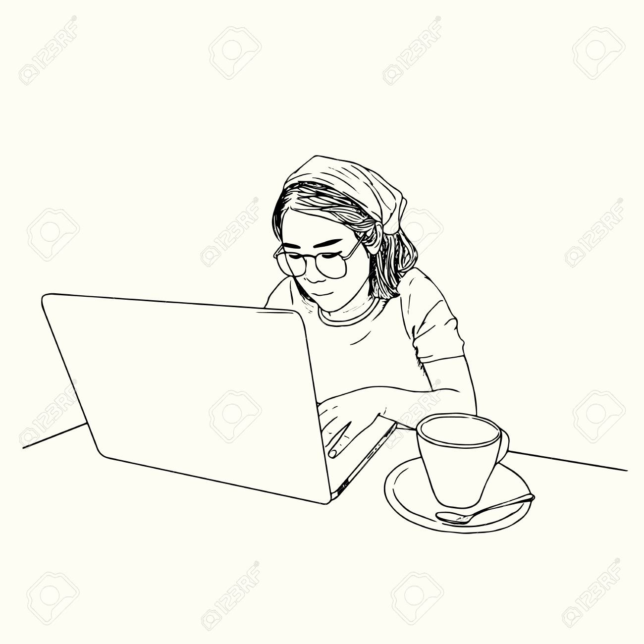 1300x1300 Woman Using Laptop ,work Place Scene Hand Draw Sketch Vector