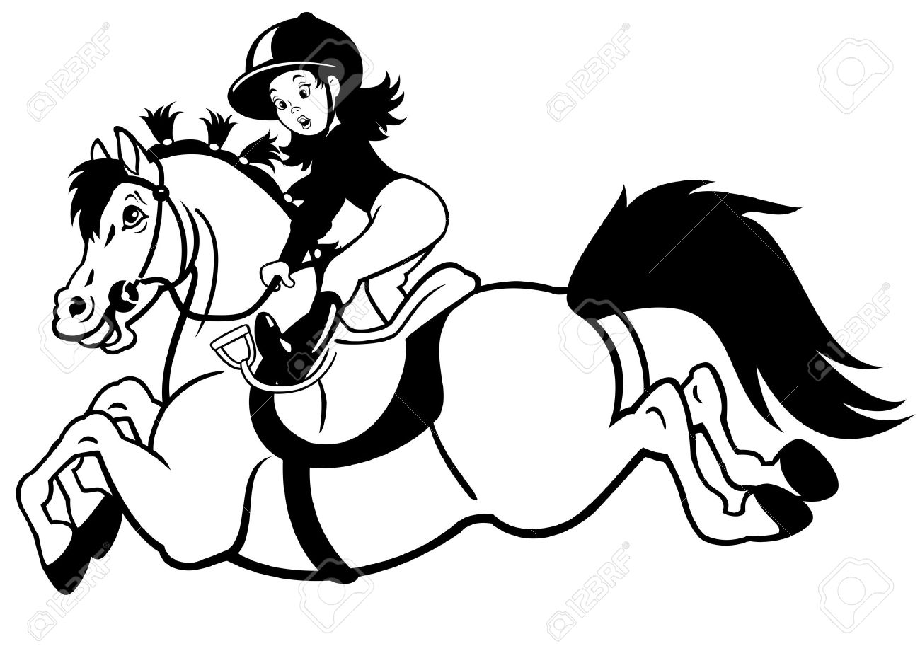 1300x913 Girl Riding Horse,black And White Children Illustration. Royalty