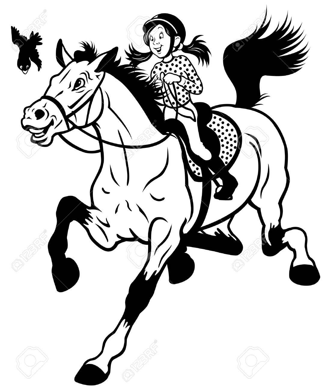 1085x1300 Cartoon Girl Riding Horse Black And White Children Illustration