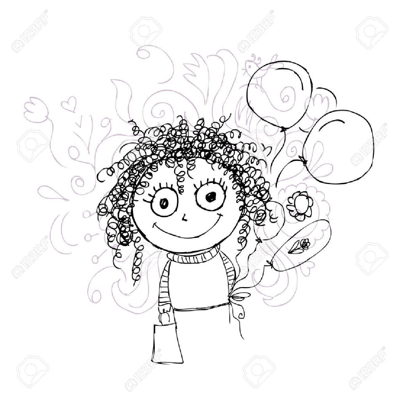 1300x1300 Curly Girl Sketch With Balloons For Your Design Royalty Free
