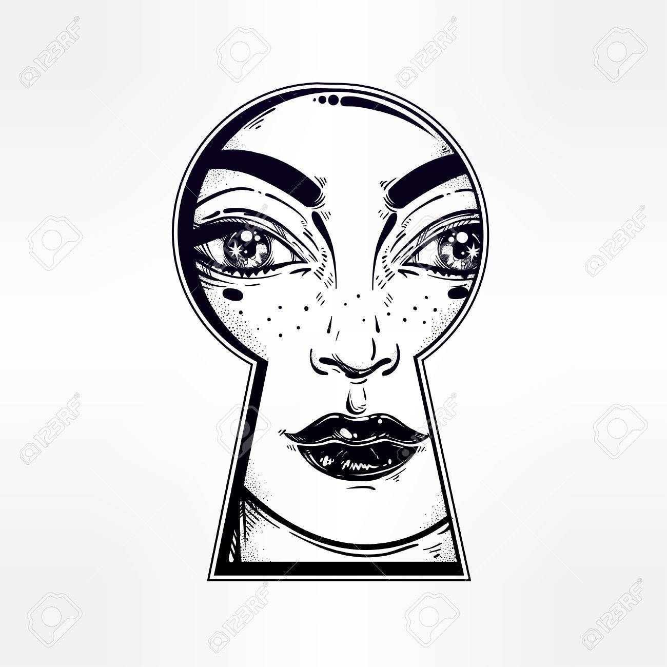1300x1300 Beautiful Girl Peeping Through The Keyhole. Graphic Outline