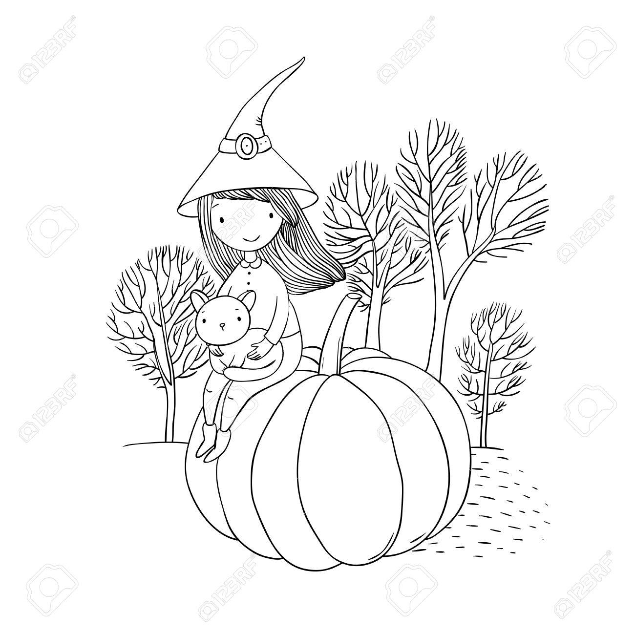 1300x1300 Autumn Theme. Halloween. Girl With A Hat, A Cat And A Pumpkin