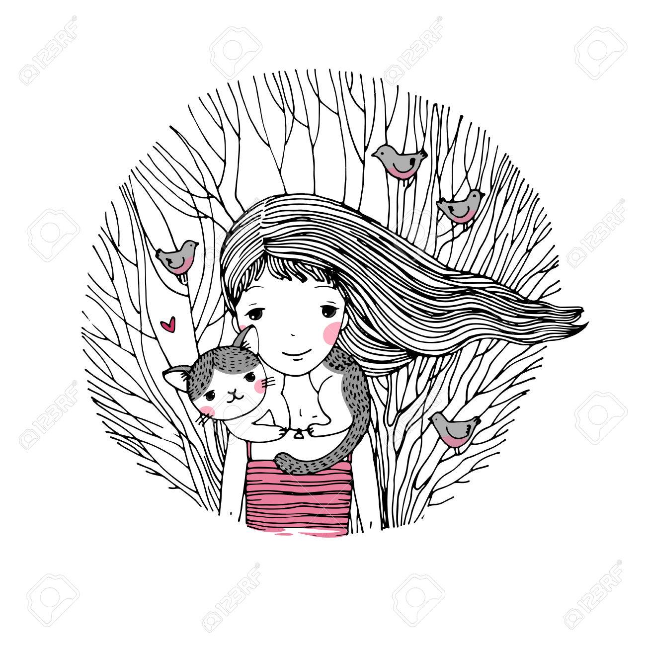 1300x1300 Beautiful Young Girl And A Cute Cat On A White Background. Hand