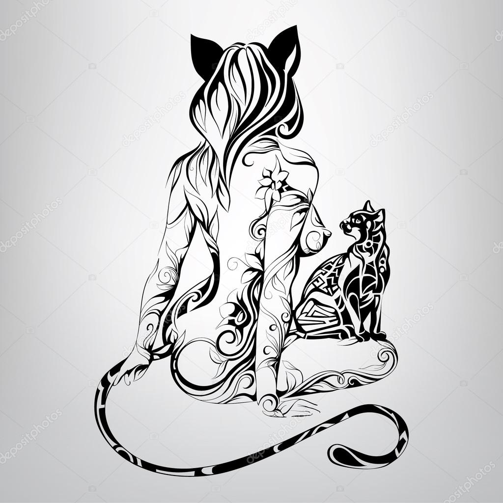 1024x1024 Silhouette Of Girl Cat With Cat Stock Vector Nutriaaa