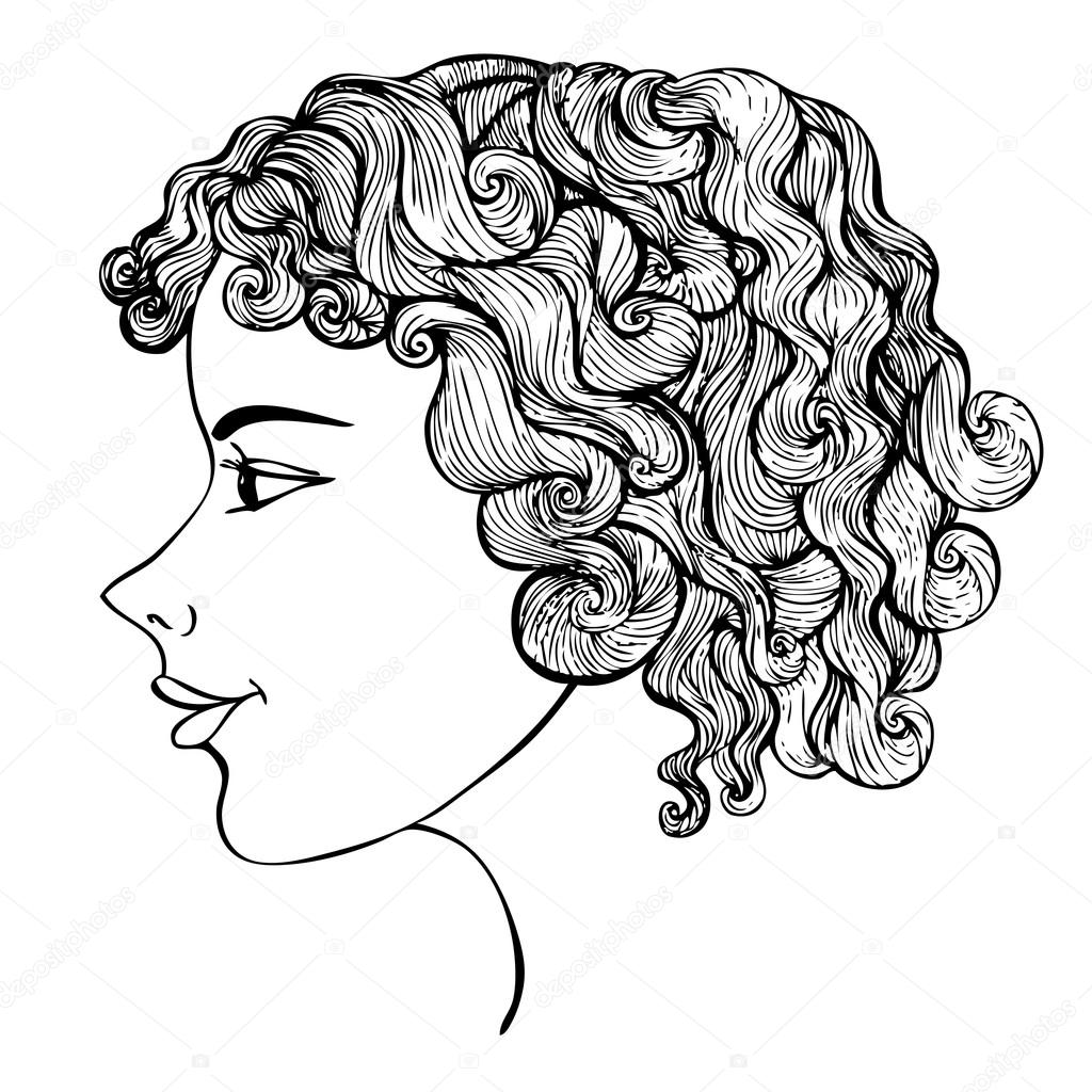 1024x1024 Girl With Curly Hair Ink Drawing Stock Vector Ksanask
