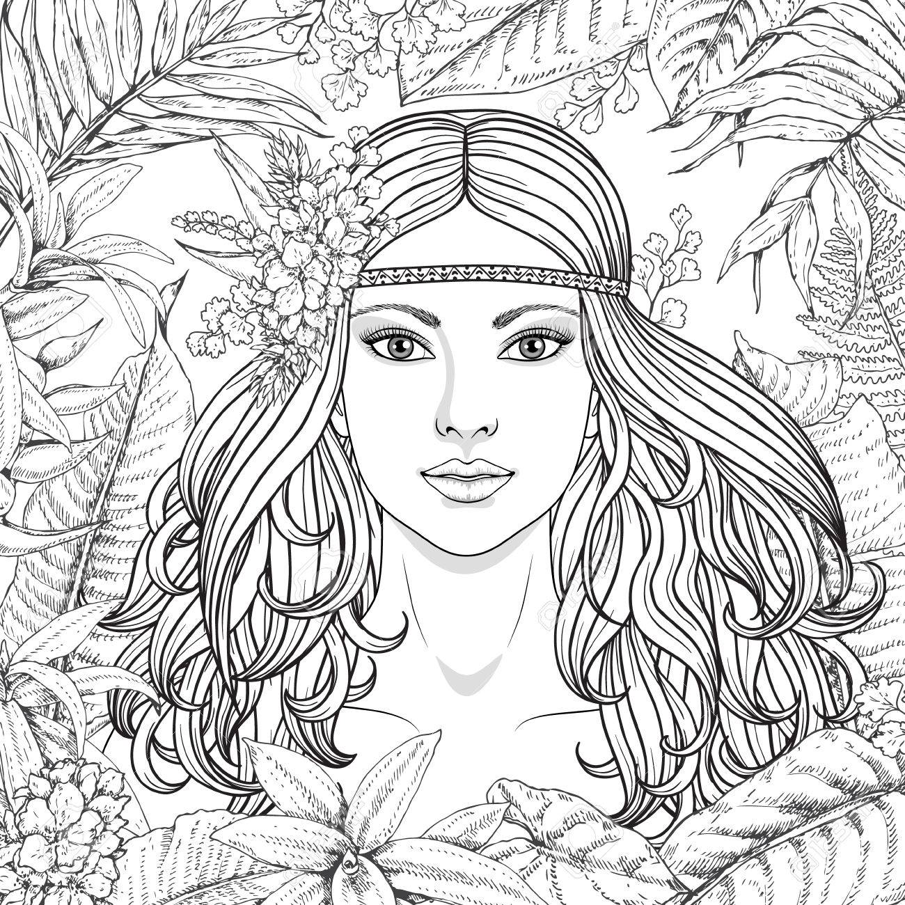1300x1300 Hand Drawn Girl Branches, Leaves Of Tropical Plants. Black
