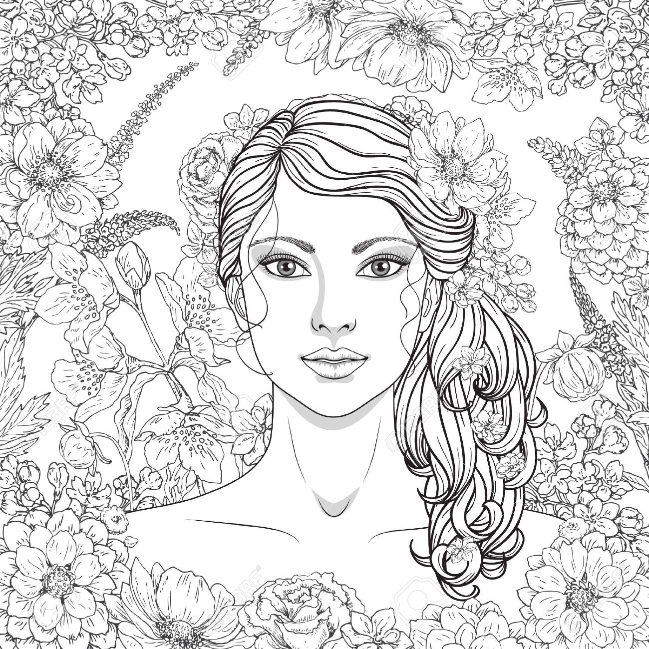 1300x1300 Hand Drawn Girl With Flowers. Doodle Floral Frame. Black And White