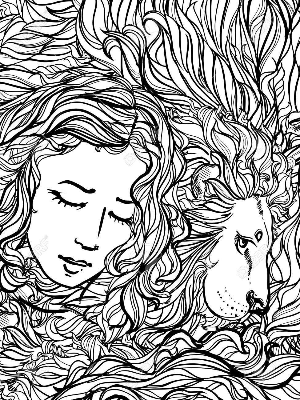 975x1300 Illustration Of Doodle Lion And Woman With Curly Hair On White