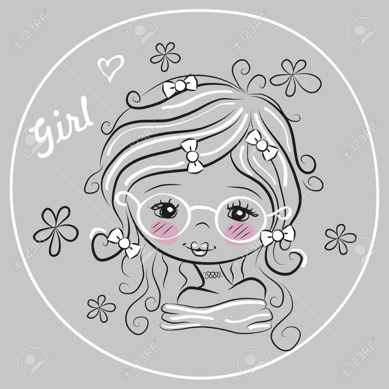 1300x1300 Portrait Of Cute Drawing Girl With A Curly Hair Royalty Free