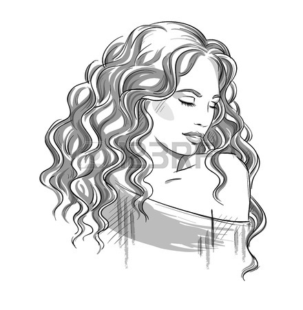 440x450 Sketch Of A Beautiful Girl With Curly Hair. Black And White