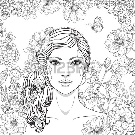 450x450 Hand Drawn Girl With Flowers And Butterfly Doodle Floral Frame