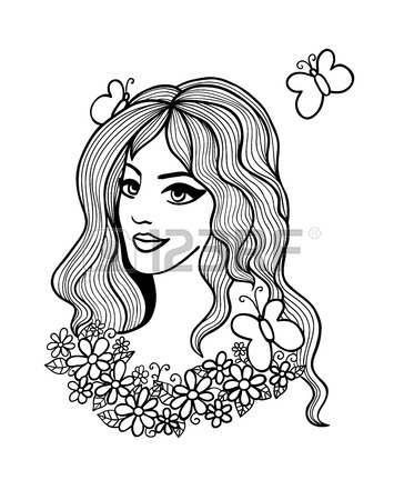 364x450 Black And White Vector Illustration. Beautiful Girl With Flowers