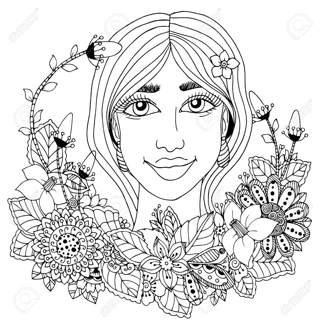 1299x1300 Girl With Flowers In Her Hair Drawing Vector Illustration Zentangl