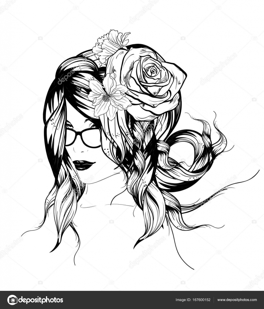 878x1024 Sketch. Summer Style. Girl With Flowers In Her Hair Stock Vector