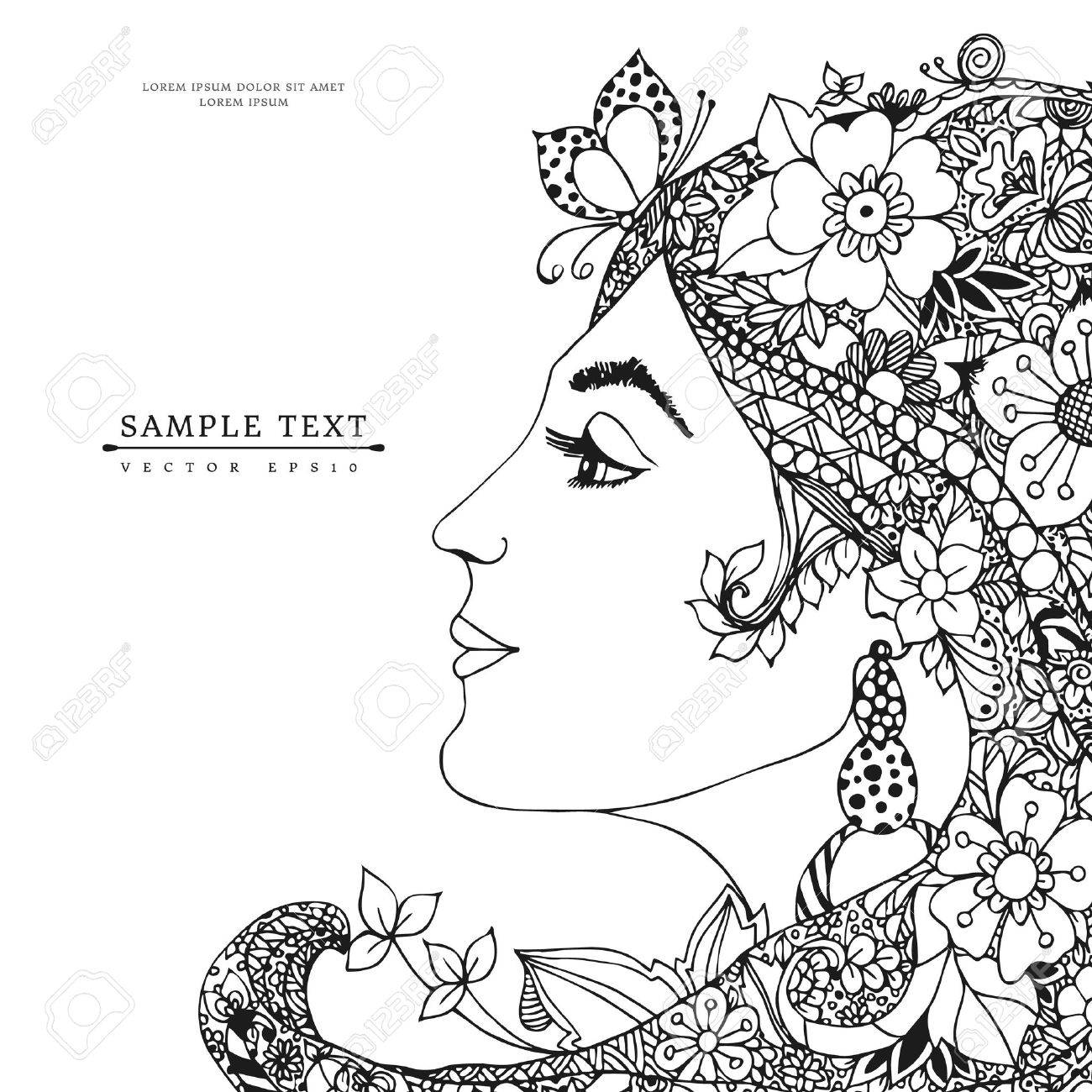 1300x1300 Vector Illustration Card Of The Profile Of A Girl With Flowers