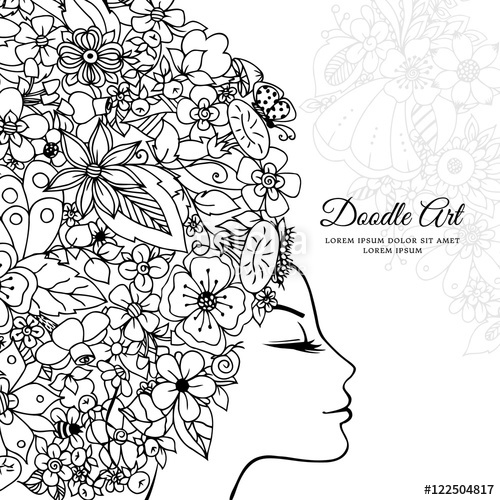 500x500 Vector Illustration Zentangl Girl With Flowers In Her Hair. Doodle