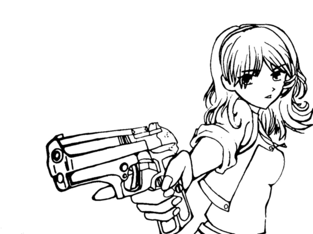 1032x774 Girl With Gun Line Art By Justmikki