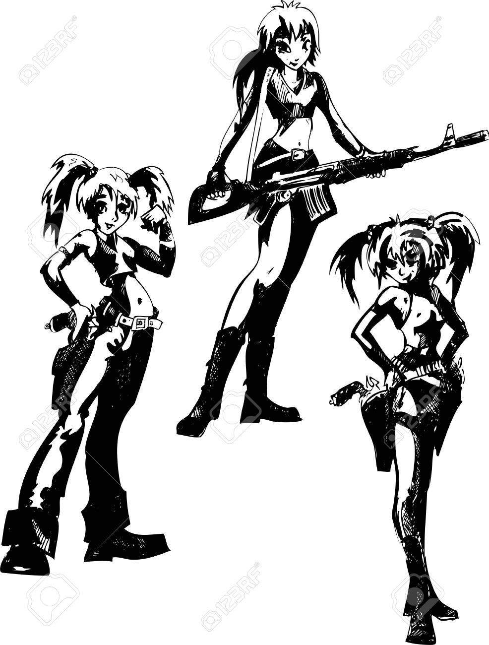 986x1300 Girls Teenagers With Gun. Set Of Black And White Vector