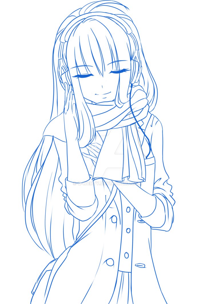 752x1063 Girl Headphones Lineart Blue By Q Werty