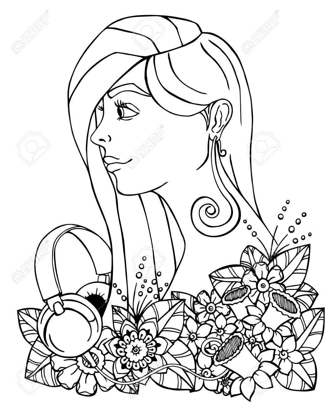 1057x1300 Vector Illustration Zentangl Girl And Headphones In The Flowers