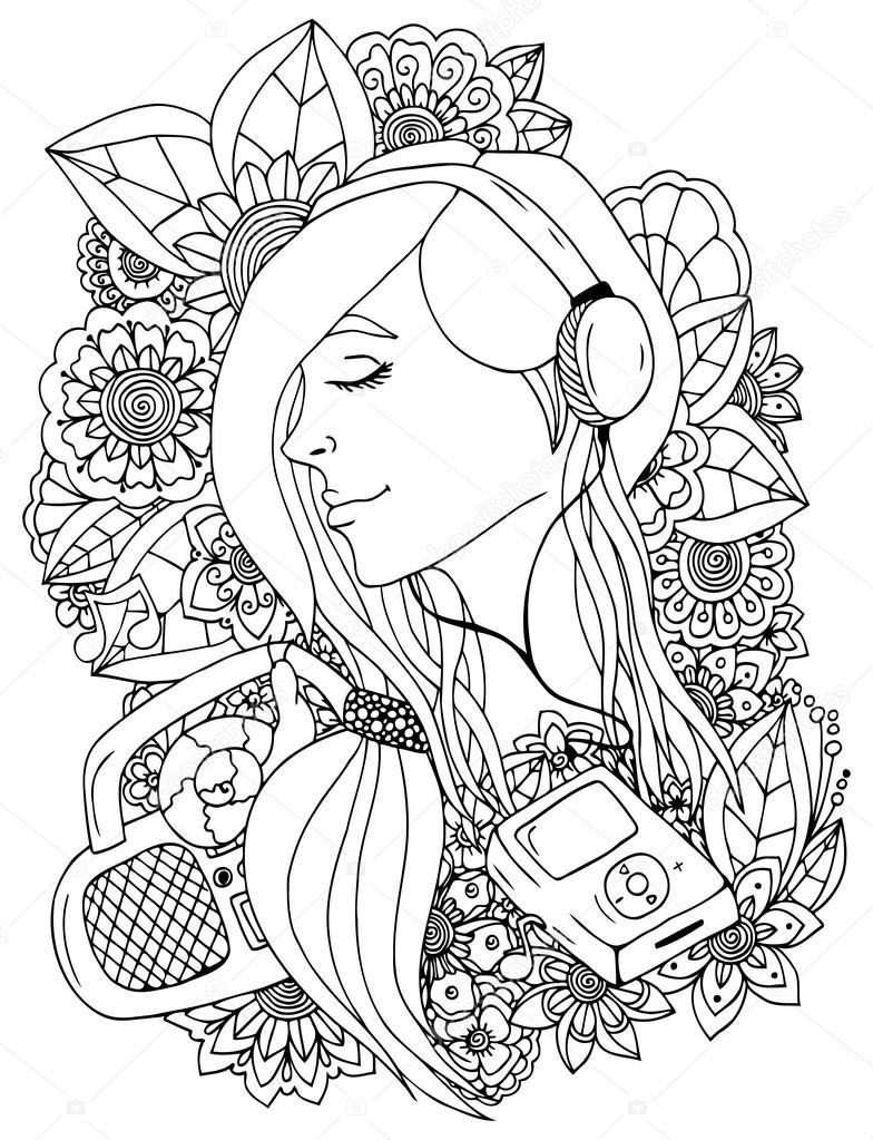 784x1023 Vector Illustration Girl And Headphones In The Flowers. Doodle